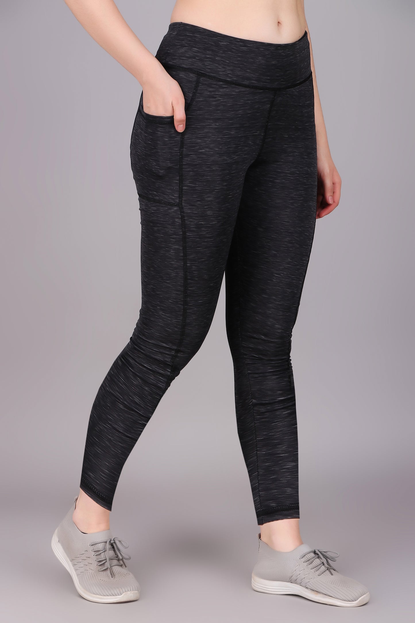 High Waisted Black Melange Coloured Leggings With Great Support