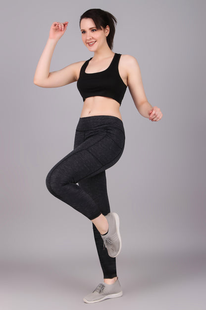 High Waisted Black Melange Coloured Leggings With Great Support