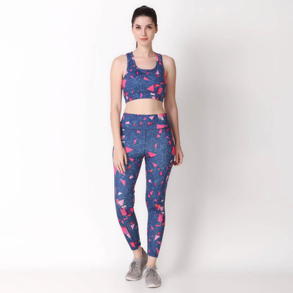 High Waisted Printed Leggings With Pockets And Perfect Ankle Length For Gym and Training - Blue & Pink