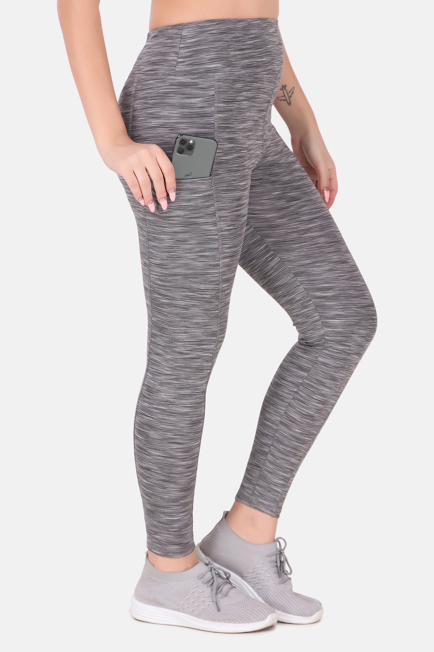 High Waisted Dark Grey Melange Coloured Leggings With Great Support