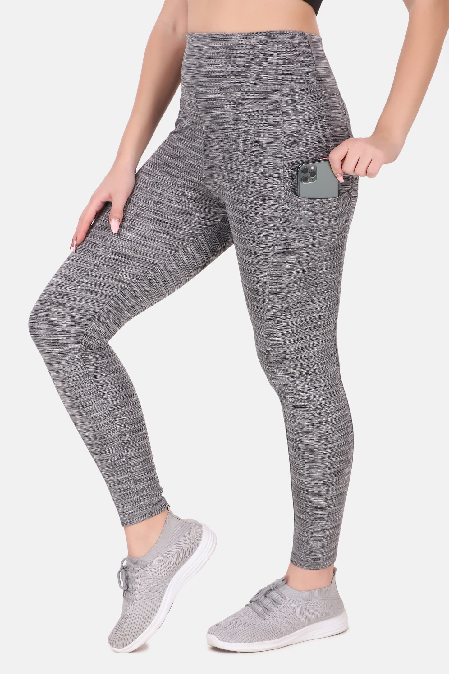 High Waisted Dark Grey Melange Coloured Leggings With Great Support