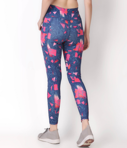 High Waisted Printed Leggings With Pockets And Perfect Ankle Length For Gym and Training - Blue & Pink